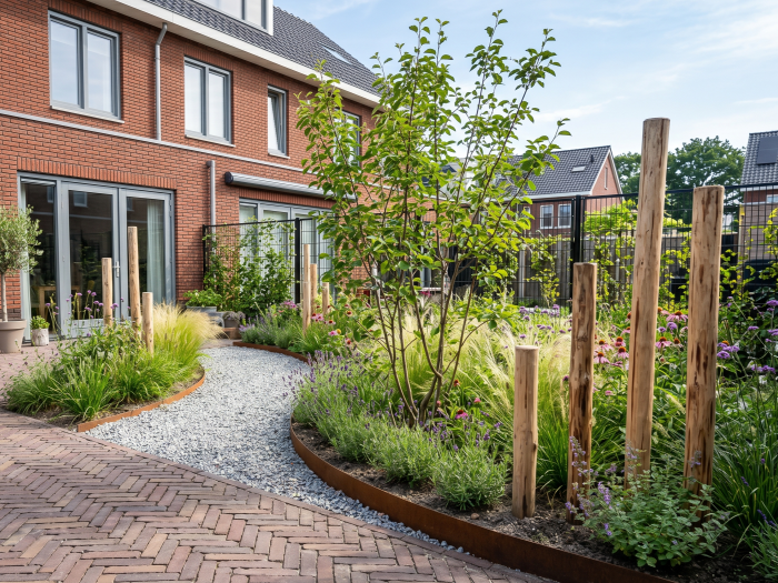 Sfeervolle groene tuin met grindpad en houten palen