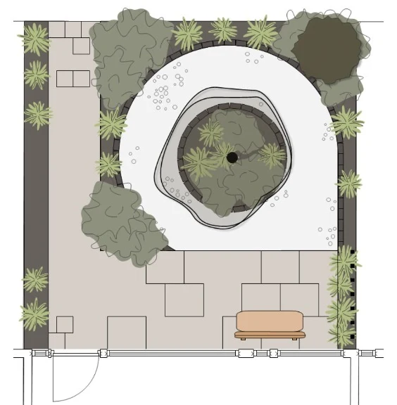 2D tuinontwerp voor de voortuin in Apeldoorn met een cirkelindeling en terras