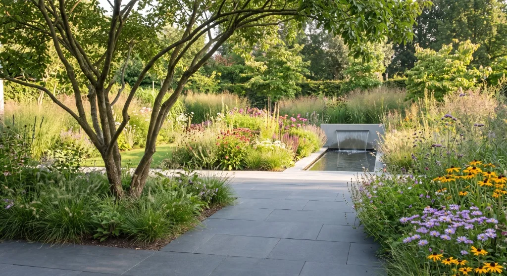 Doorkijk langs een meerstammige boom naar een border en waterpartij in de tuin