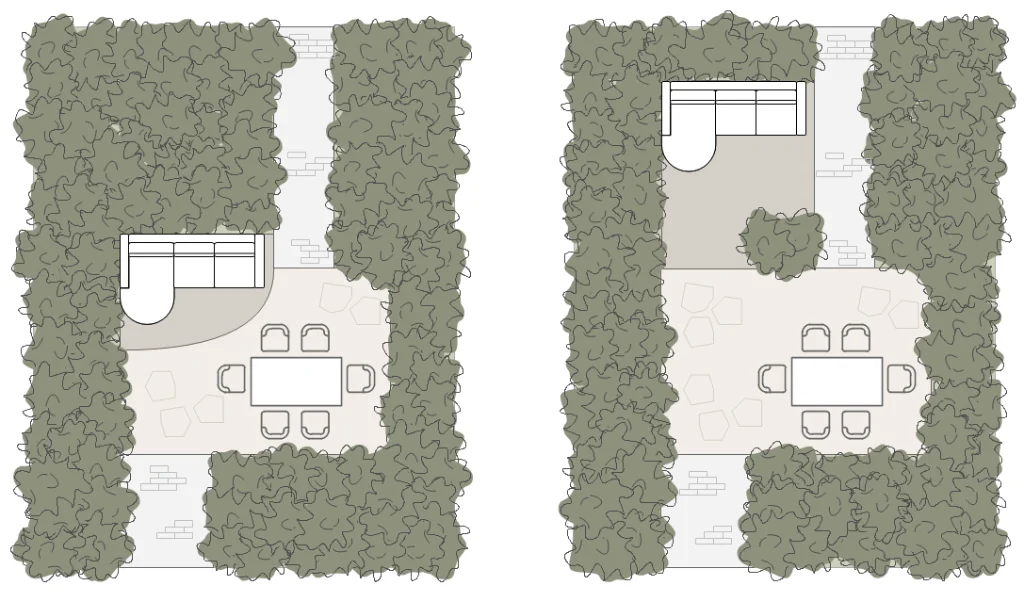 Vergelijking van twee functies combineren op één terras versus twee afzonderlijke terrassen in de tuin