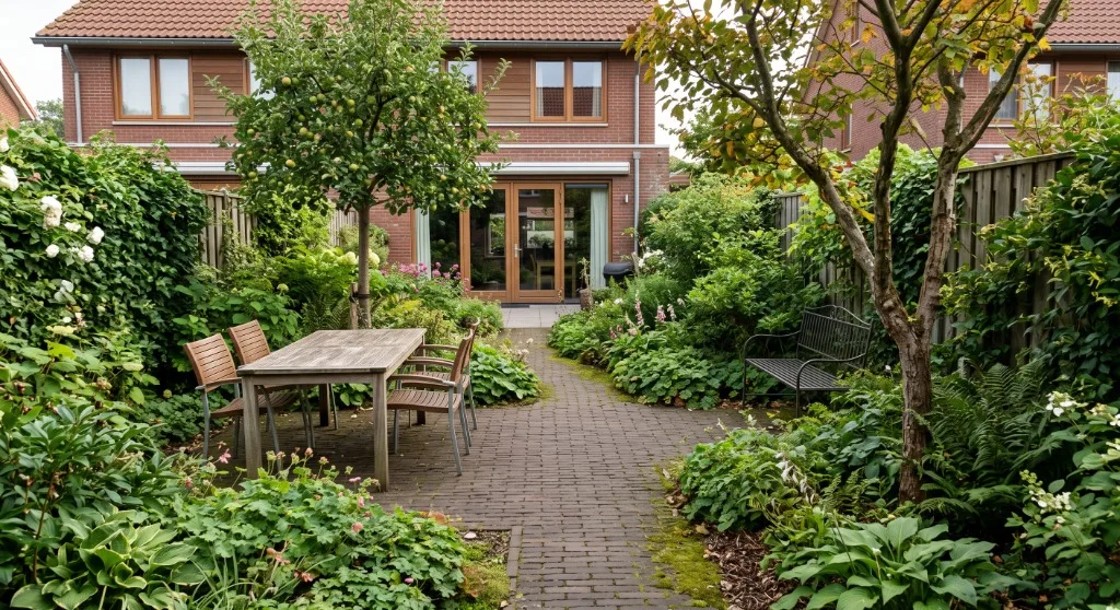 Sfeervolle groene tuin met een evenwichtige balans tussen terras, pad en weelderige beplanting
