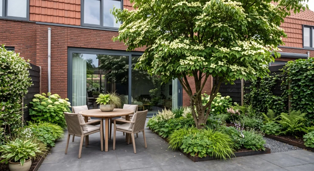 Terras met boom voor natuurlijke schaduw en verkoeling