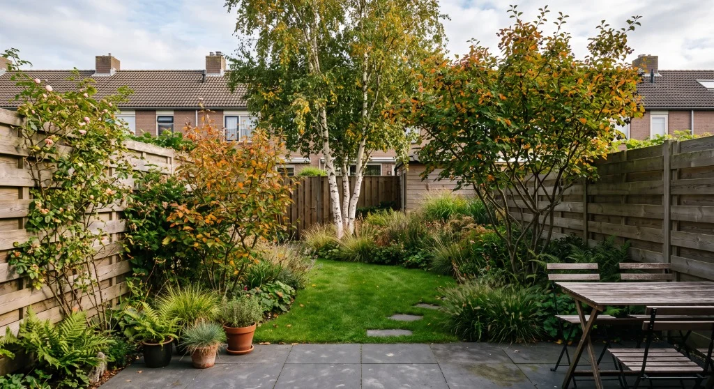 Tuin met bomen gelaagd achterin, halverwege en nabij het terras voor meer dieptewerking