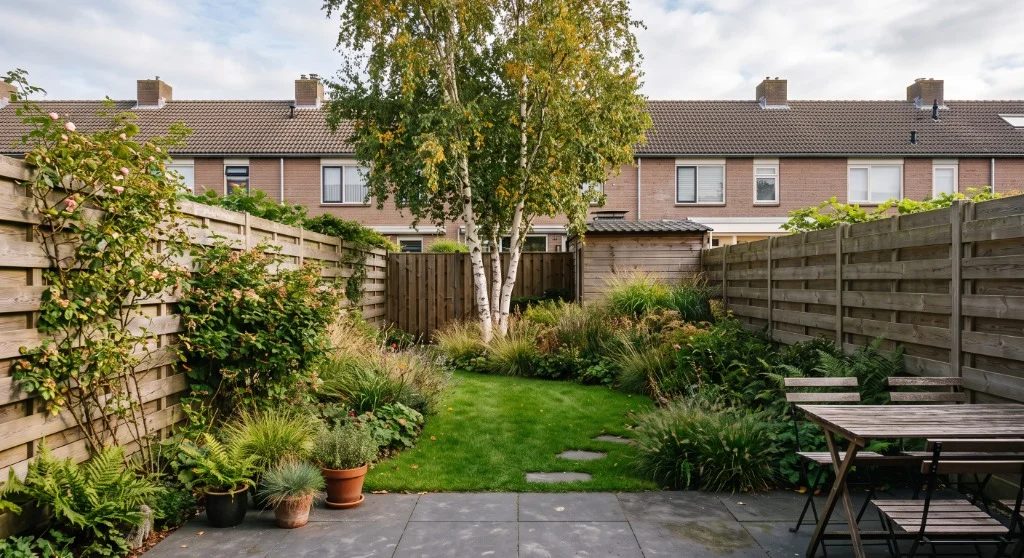 Tuin met alleen een boom helemaal achterin het perceel