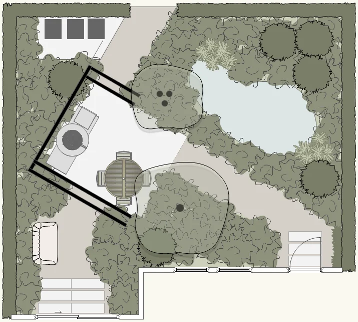 2D tuinontwerp van een tuin van 84 m2 met een ideale balans tussen terras, pad en beplanting