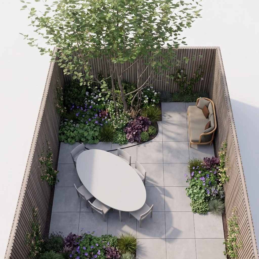 3D sfeerimpressie van het eindresultaat vergroende huurwoning tuin