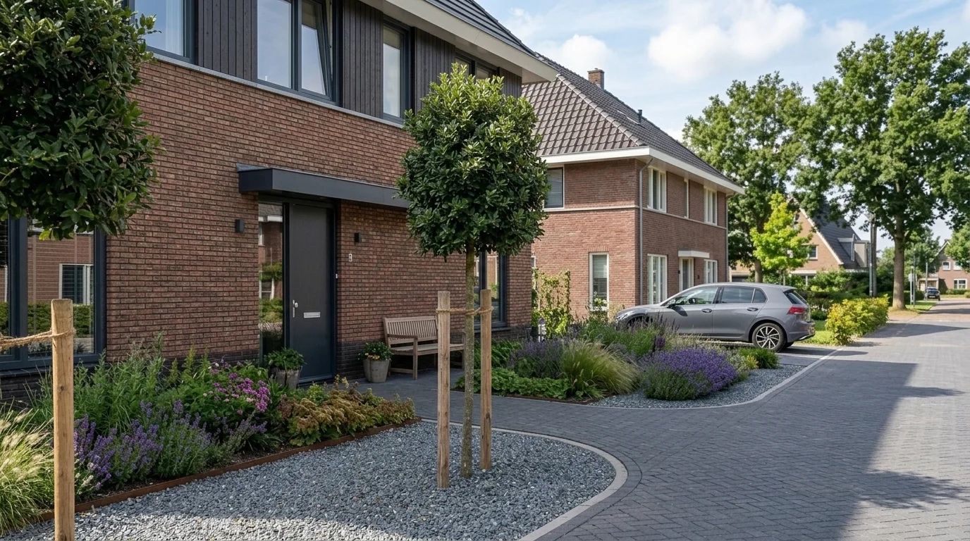 Moderne voortuin met steeneiken bomen en weelderige beplanting in een grindborder
