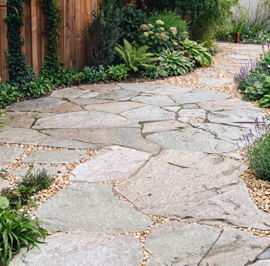 Sfeerimpressie van een slingerend pad van flagstones en castle grind