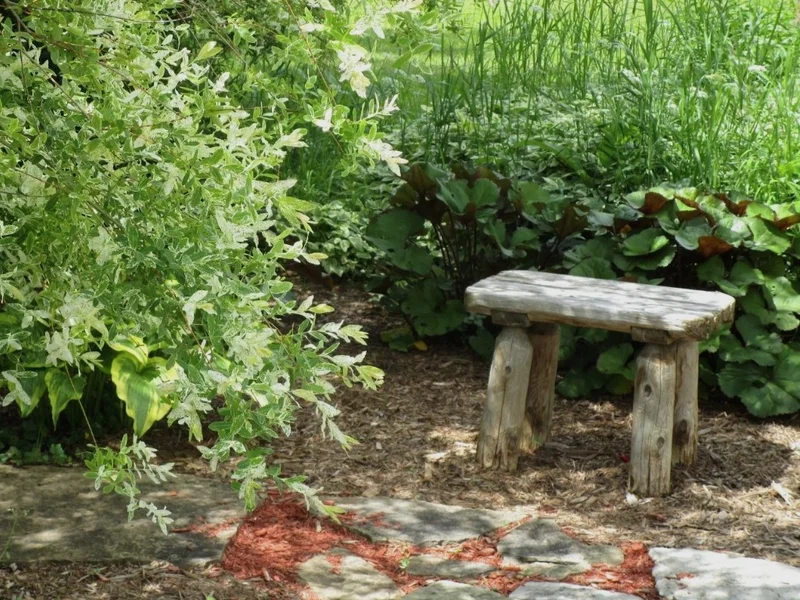 Rustiek tuinbankje van boomstammen op houtsnippers en stapstenen