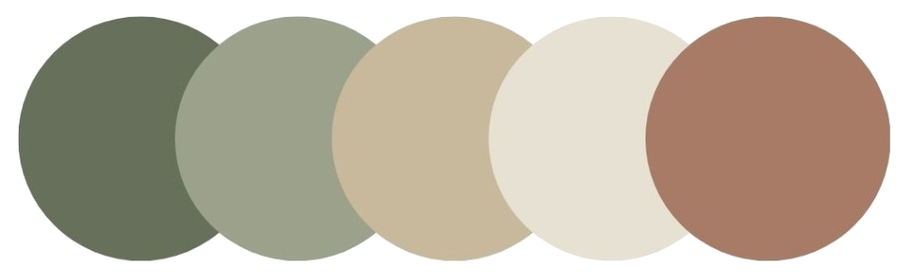 Natuurlijk kleurenpalet met mosgroen, saliegroen, zandbeige, linnen en warm terracotta