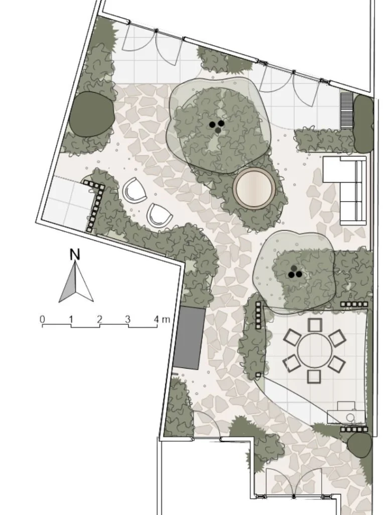 2D tuinontwerp voor de mediterrane stadstuin in Katwijk met slingerend flagstonepad en terrassen