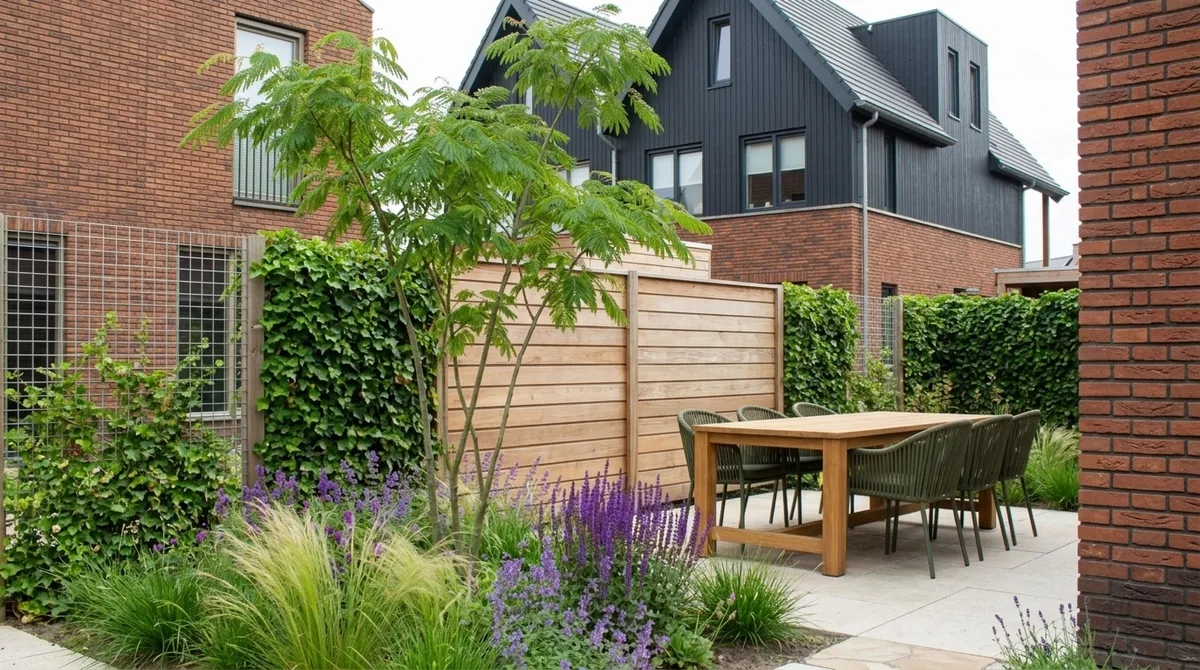 Beschut terras in een nieuwbouwtuin met een combinatie van houten schuttingdelen, gaaspanelen met klimop en een meerstammige boom die inkijk wegneemt