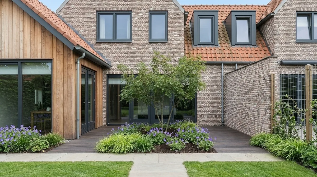 Groene achtertuin met een karakteristieke meerstammige boom midden in een border met blauwpaarse ooievaarsbek en siergrassen voor het terras