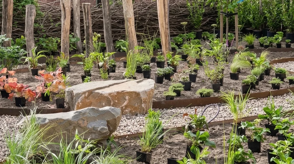 Nieuwbouwtuin in aanleg met jonge planten in kweekpotjes die klaarstaan in de borders voor een wilgentenen erfafscheiding