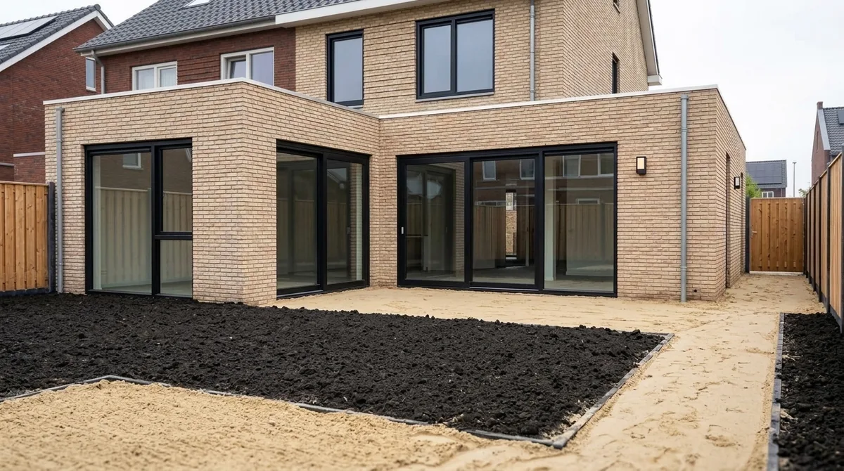 Grondwerk in een nieuwbouwtuin met duidelijk onderscheid tussen geel straatzand voor het terras en het pad en zwarte tuinaarde voor de borders en bomen