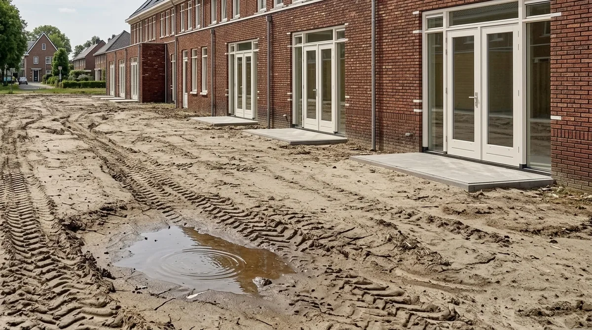 Kale, dichtgeslagen achtertuinen bij opgeleverde nieuwbouwwoningen met bandensporen en stilstaand regenwater