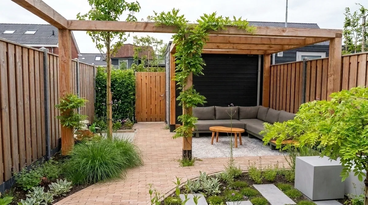 Compacte nieuwbouwtuin met een houten pergola met klimplant over de breedte, beschutte loungehoek, organische borders en gebakken klinkerpad